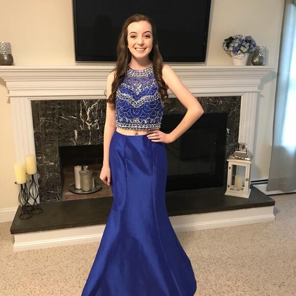 Beaded Aria Couture Stunning Royal Blue Beaded Two Piece Prom Dress - Picture 5 of 6